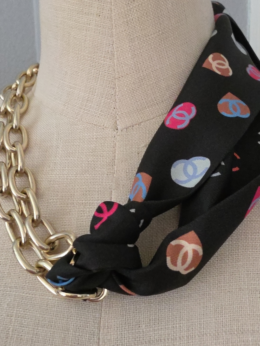 CHANEL Black Silk Scarf with Multicolor Heart Logo Print